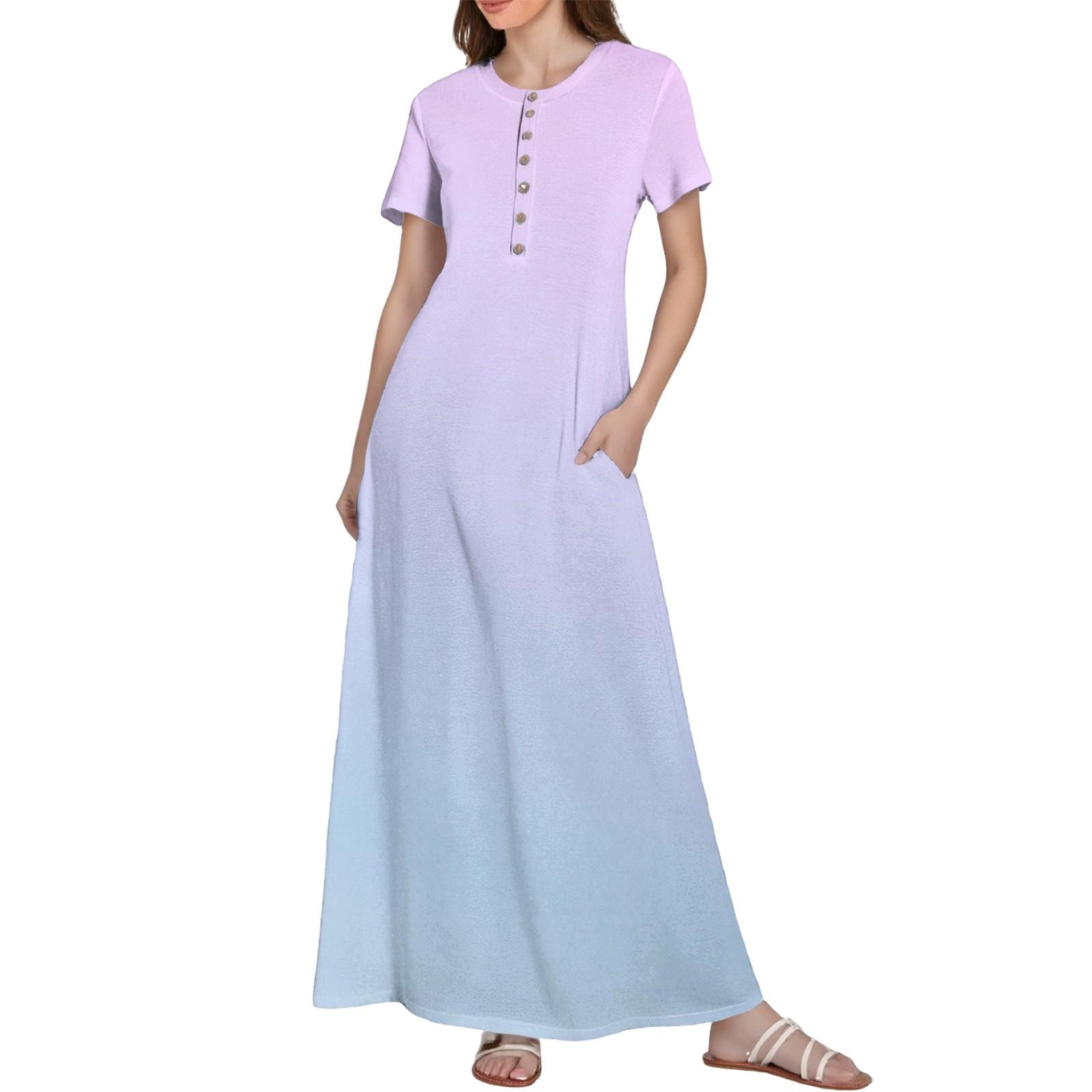 Women s Casual Printed Summer Round Neck Button Dress With Pockets XL светло-фиолетовый