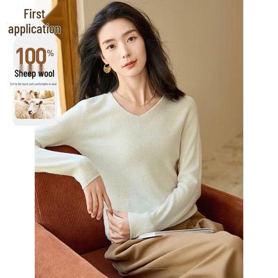 Chushen Damen V-Ausschnitt Reiner Wollstrickpullover