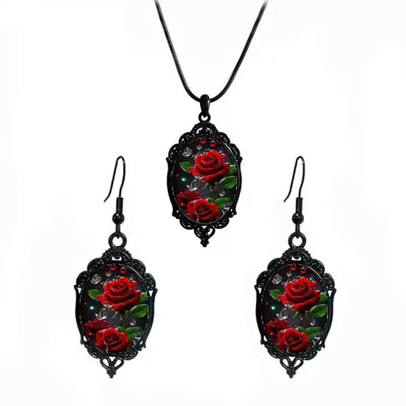 Flower Pattern Black Frame Glass Pendant Earrings, Necklace Set
