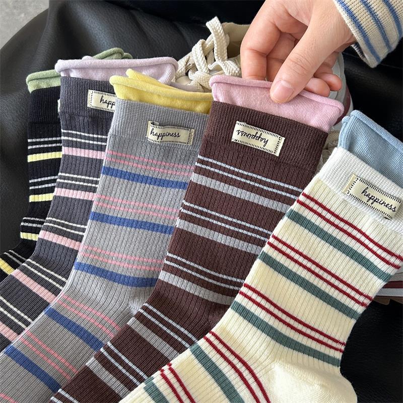 Lady Autumn Stripe Color Contrast Letter Cloth Mark Stitching Fake Two Pieces of Tube Pile Socks