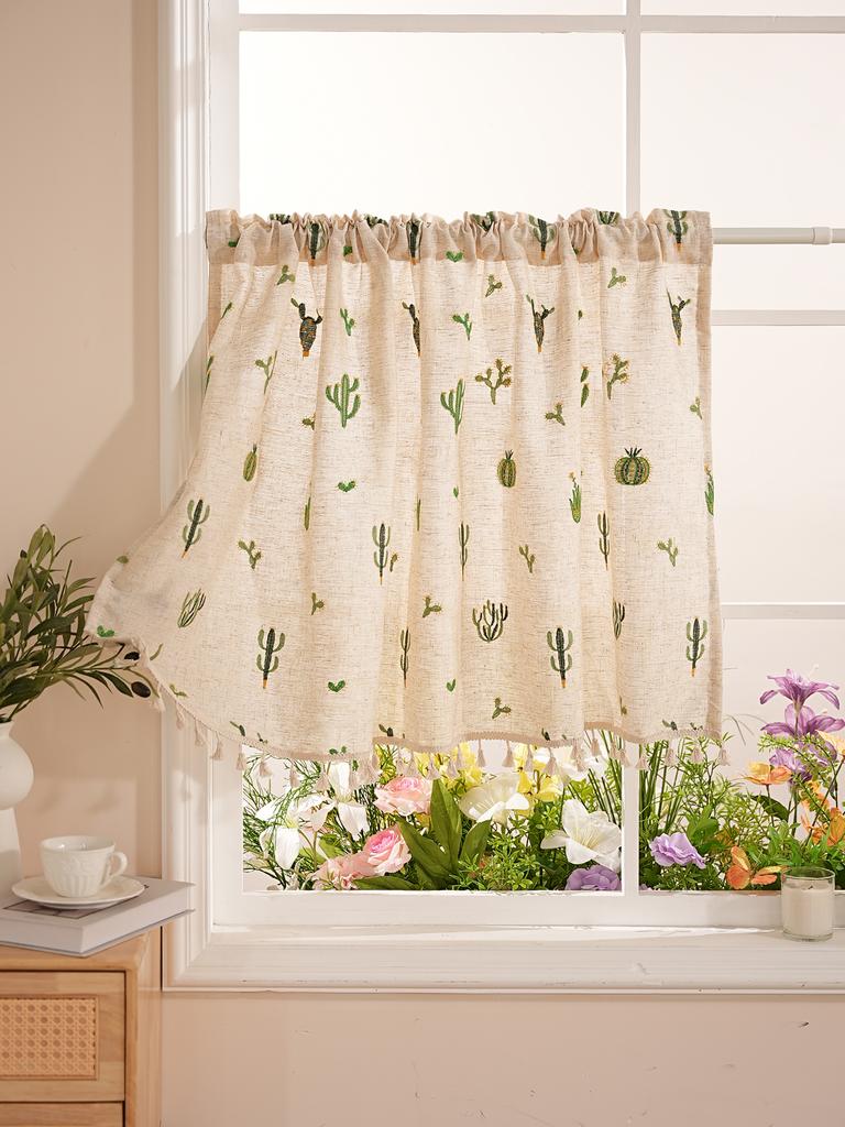 Frische gestickte kurze Gardine für Wohnzimmer Schlafzimmer Fenster Schrank Trennwand Kurze Gardine Kaktus Stickerei