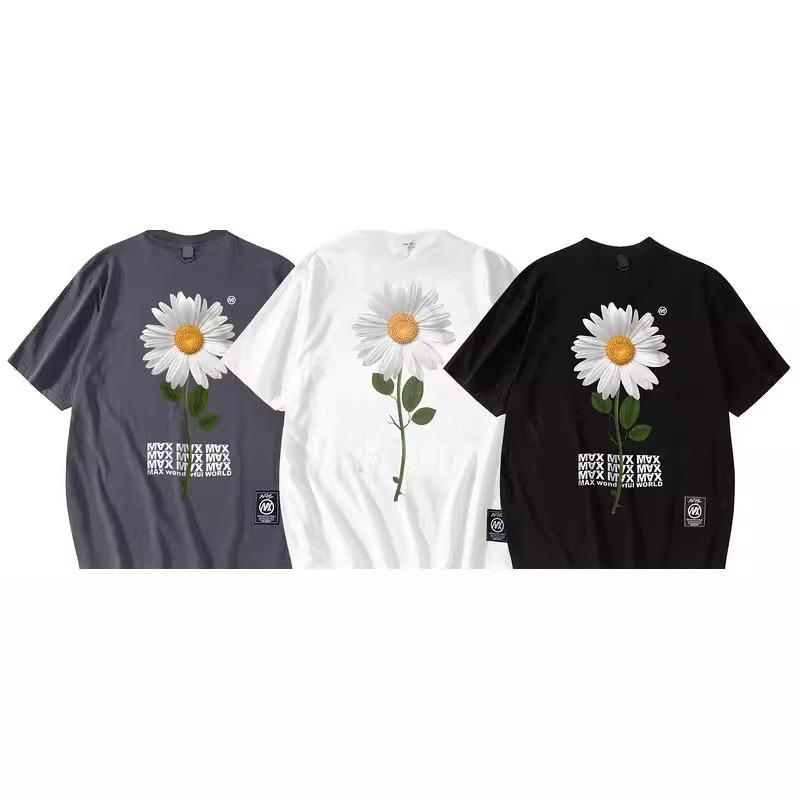 Guochao Brand Daisy Printing Short-Sleeved T-Shirt For Men And Women Couples Oversize Street Half-Sleeved Ins Tide