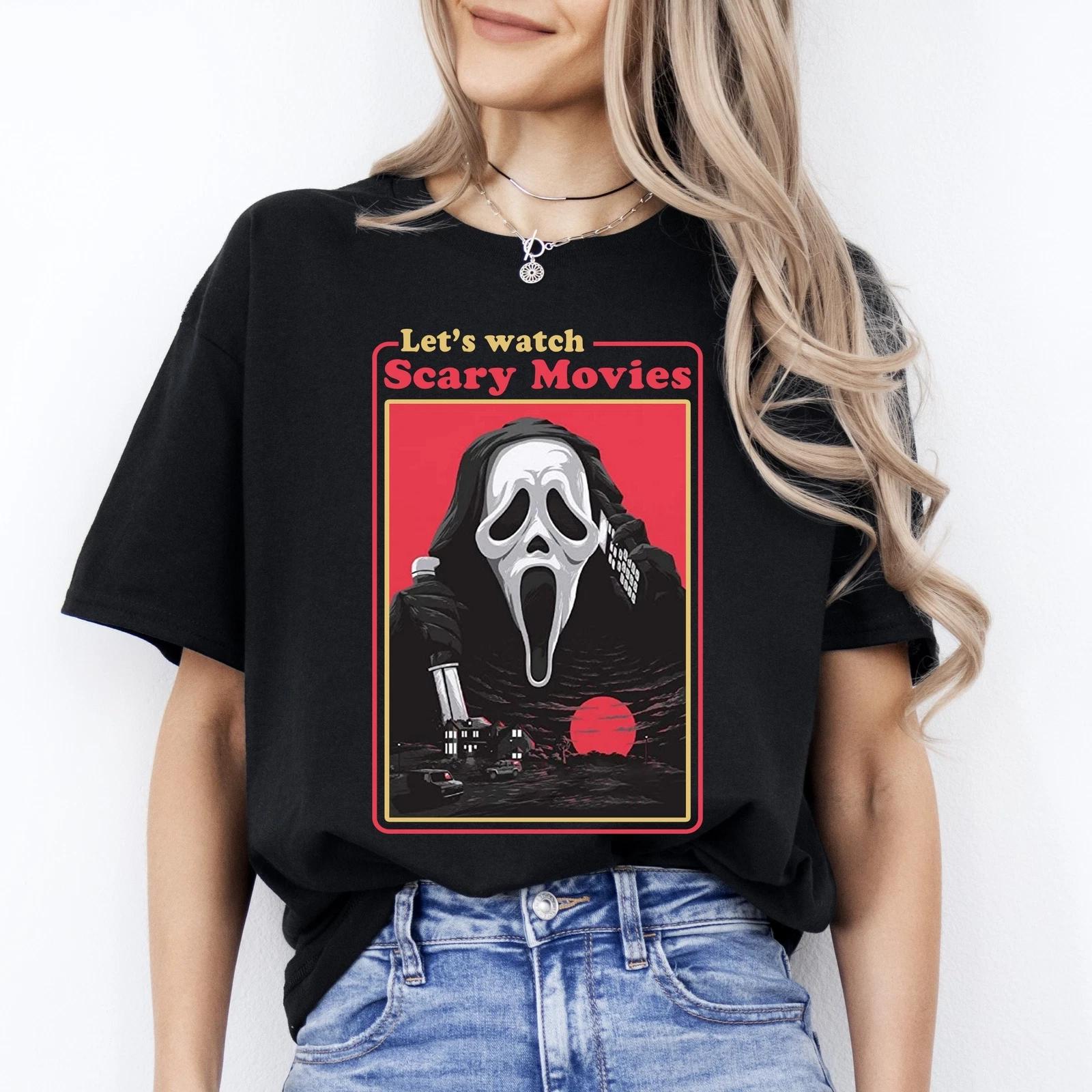 Lets watch scary movies Halloween Unisex T-Shirt Spooky movies night tee Black D XL