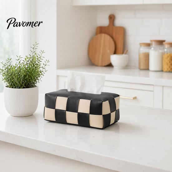 Artificial Leather Tissue Box Checkered Box, with Flip-Open Top, PU Holder, Durable Case Stain-Proof Facial Dispenser, for Bathroom Car Bedroom