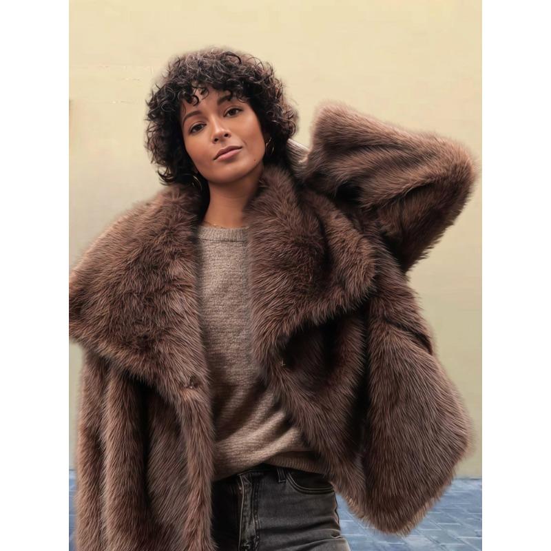 Women's Cropped Faux Fur Coat Oversized Lapel Loose Fit Warm Winter Outerwear