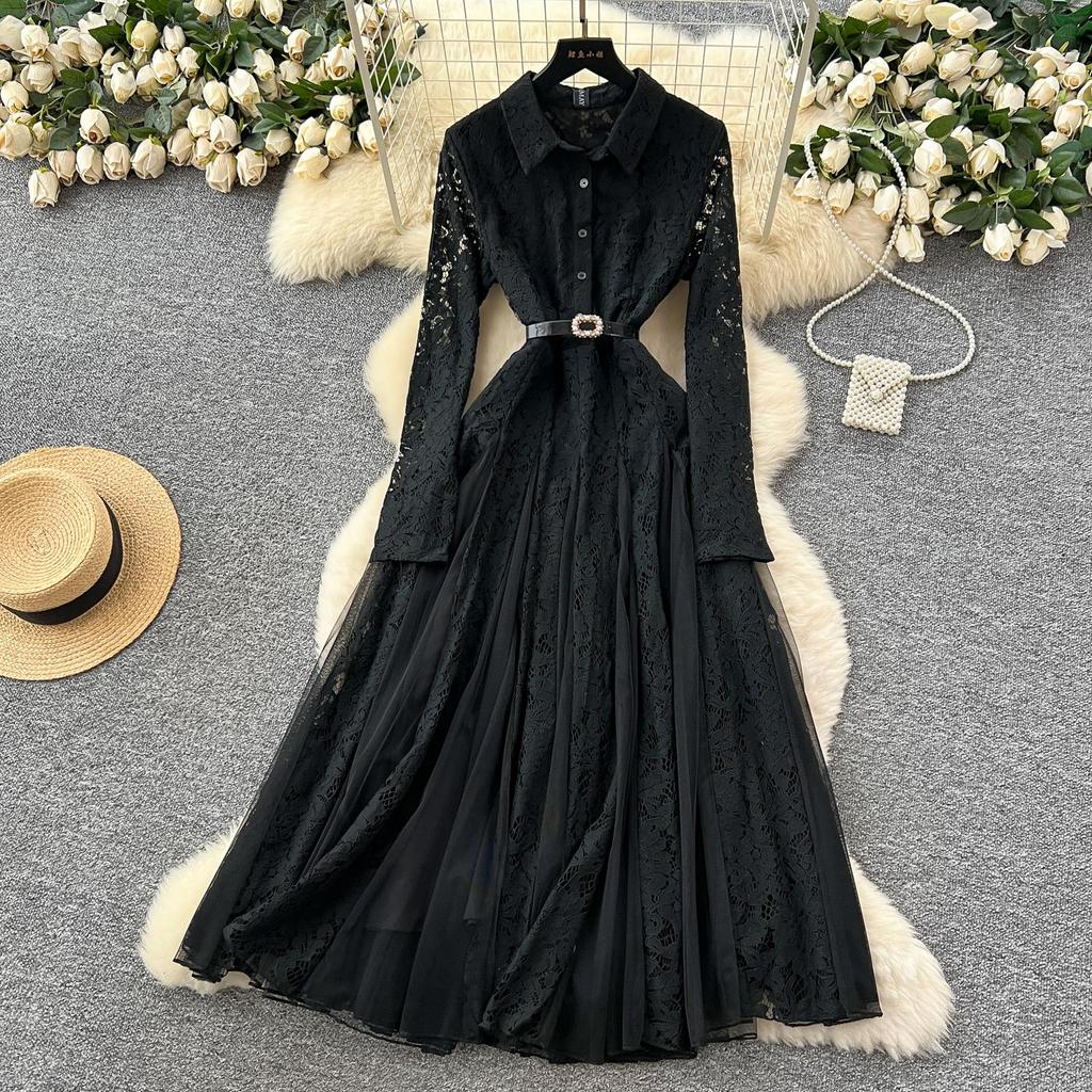 Chic Vintage Single Breasted Spliced Mesh Slim Elegant Fairy Fashion Boho Sundress Women Clothing Long Dress