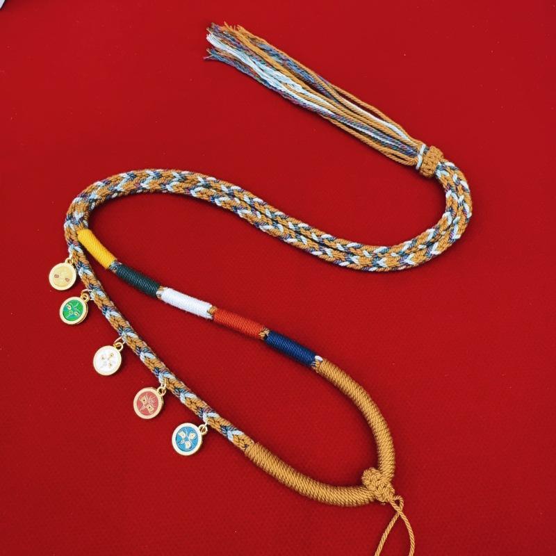 Five-Strand Tibetan Cotton Necklace with Thangka and Buddha Amulet Pendant