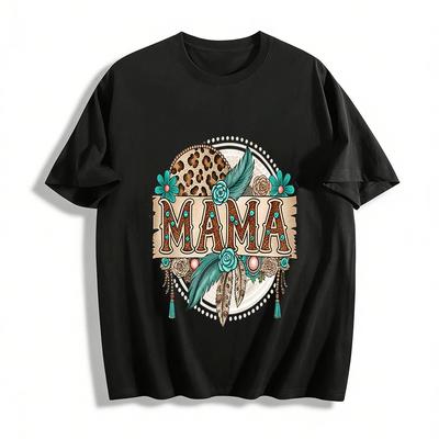Bohemian Style MAMA Print Retro Leopard Floral Casual Top Pure Cotton T-shirt