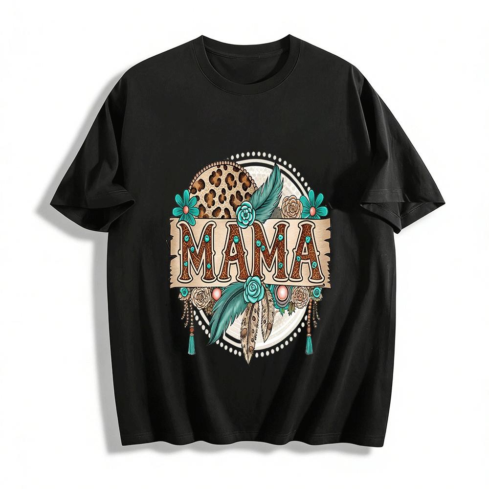Bohemian Style MAMA Print Retro Leopard Floral Casual Top Pure cotton T-shirt XXS