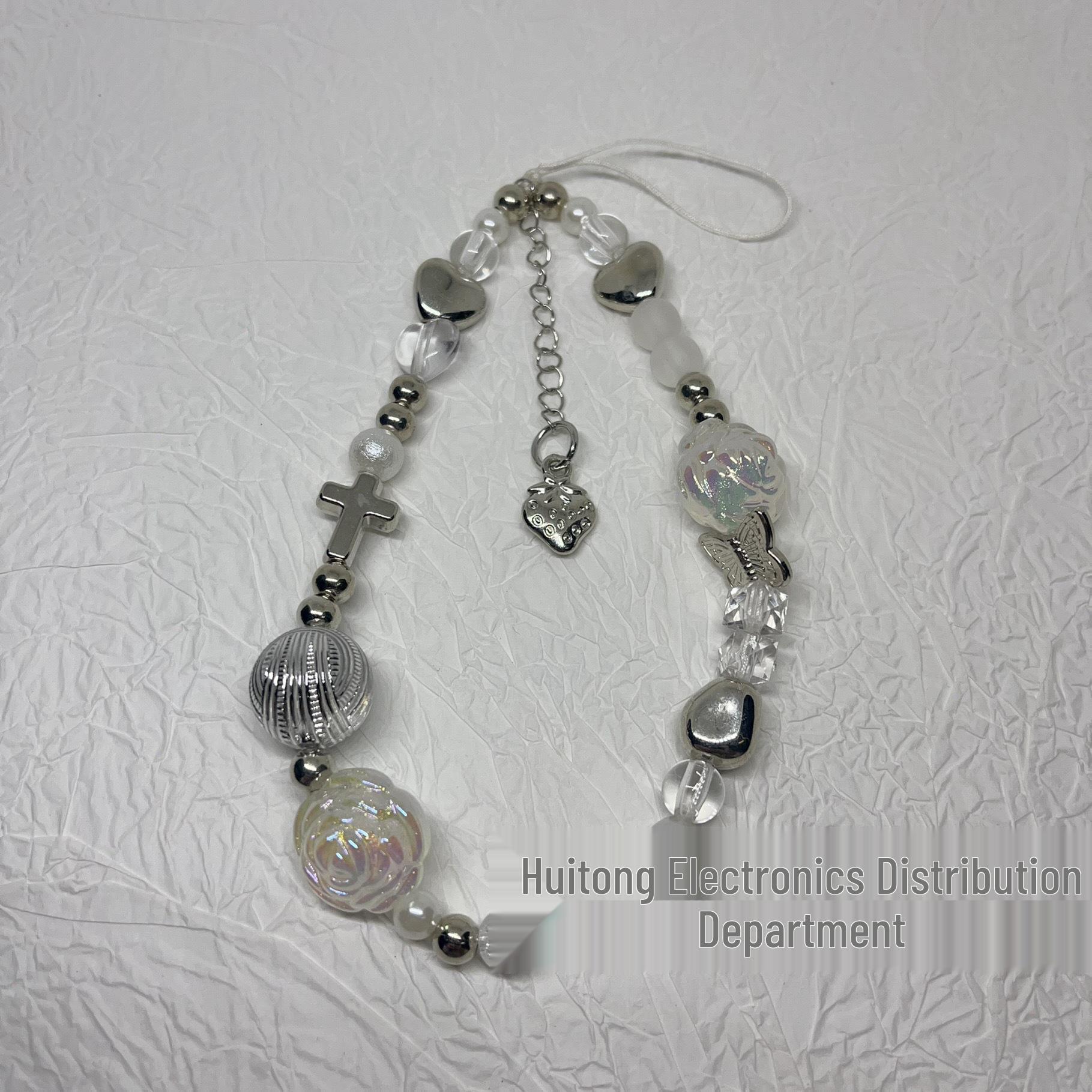 

Stylish Strawberry Pendant Lanyard: Silver-White Phone & Camera Chain