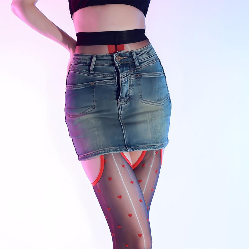 Sexy Aurora Heart Polka Dot Stockings Glossy Ultra-Thin Silky Four-Way Crotchless Erotic No-Take-Off Hollow Out Suspender Black