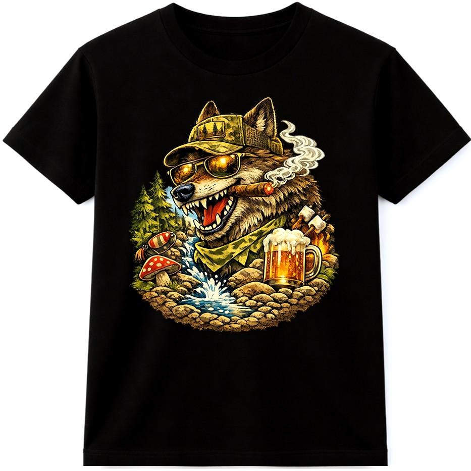 Wolf Camping T Shirt Outdoor Adventure Wildlife Beer Campfire Holidays Tee S разноцветный
