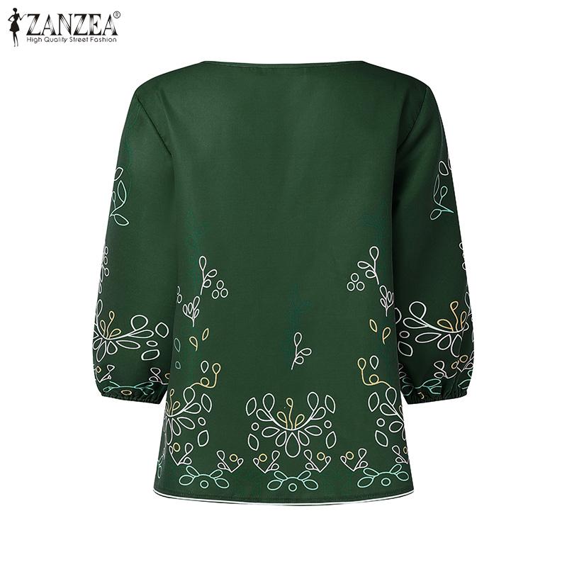 ZANZEA Women Square Neck Summer Casual 3/4 Sleeve Loose Print Blouse