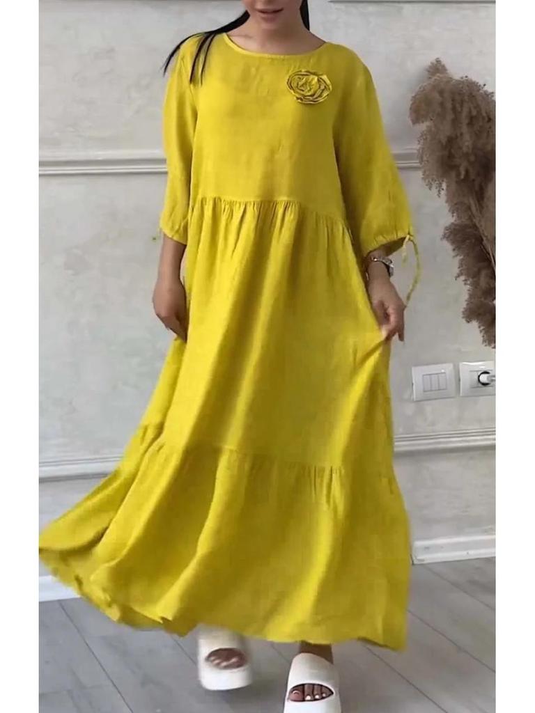 2024 EU & US Style Women's Round Neck Gathered Long Sleeve Drawstring Back Tie Solid Casual Dress