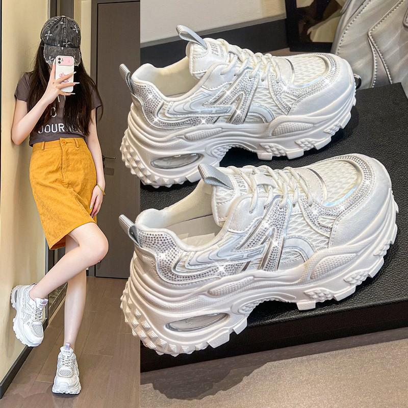 European station leather mesh platform dad shoes women 2025 new versatile round head lace-up casual sports shoes trendy shoes