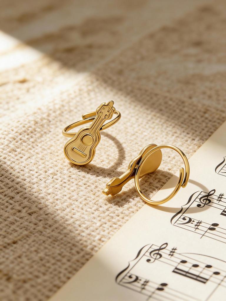 18K Gold-Plated Stainless Steel Guitar Open Ring - Trendy College Style Accessory with Niche Design.
