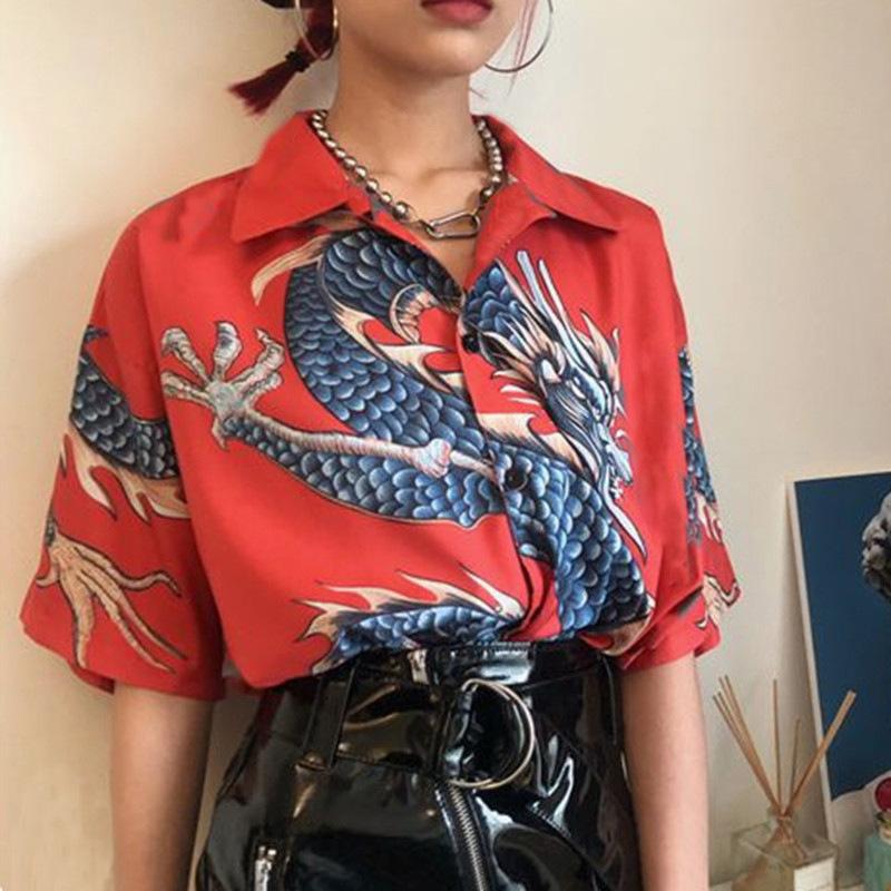 

Однобортная мужская рубашка-поло с воротником среднего размера, летняя свободная рубашка унисекс с принтом китайского дракона в этническом стиле, большие размеры