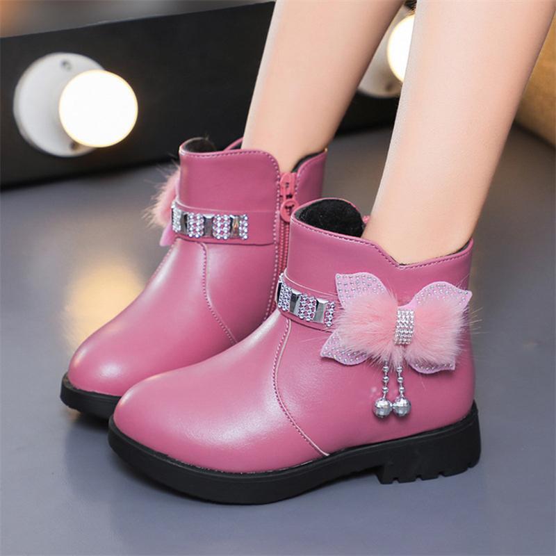 Winter New Children's Shoes Girl Mid Length Warm Leather Boots Baby Bow Cute Plush Student Cotton Boots