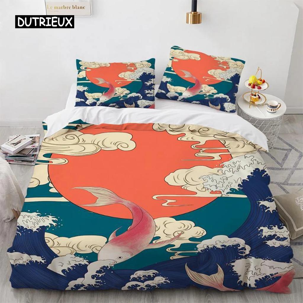 Wave Duvet Cover Set Hokusai Pattern Japanese Ukiyoe Quilt Cover Oriental Sketch Style Ocean Queen Twin Polyester Bedding Set