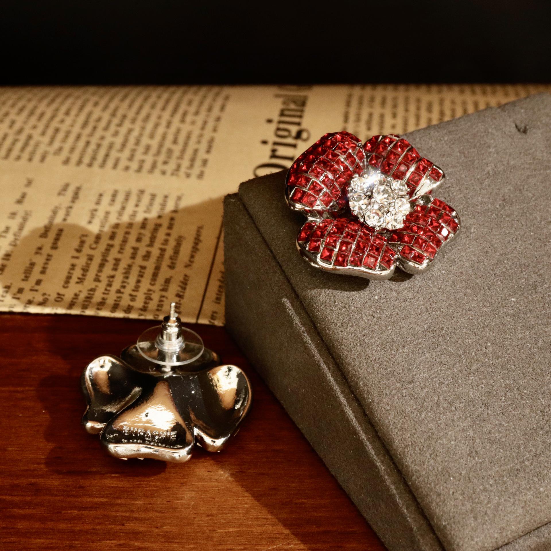 Vintage Ruby Three-Dimensional Flower Stud Earrings with Silver Needles - Elegant and Versatile