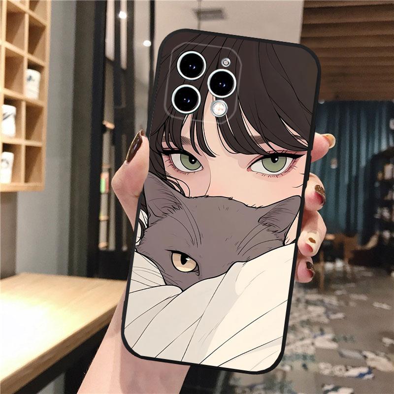 Anime Girl Woman Holding a Cat Phone Case For iphone 16 15 14 Pro Max 16 15 14 13 12 Pro 15Plus iphone 11