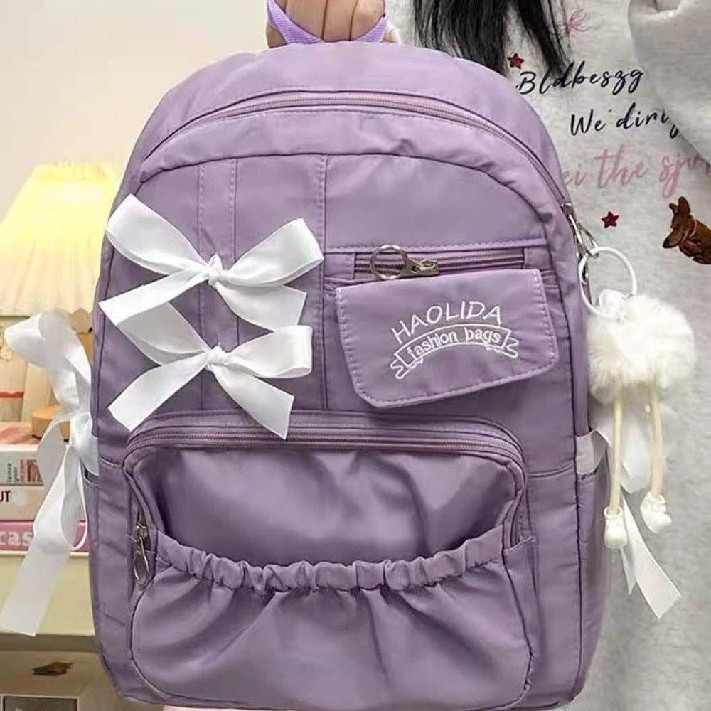College Style Bow Backpack Large Capacity Canvas Shoulders Bag Cute Students School Bag School