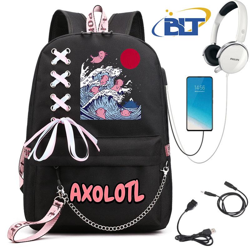 

Cute Axolotl printed student schoolbag for girls black backpack usb kids casual bag back to school gift
