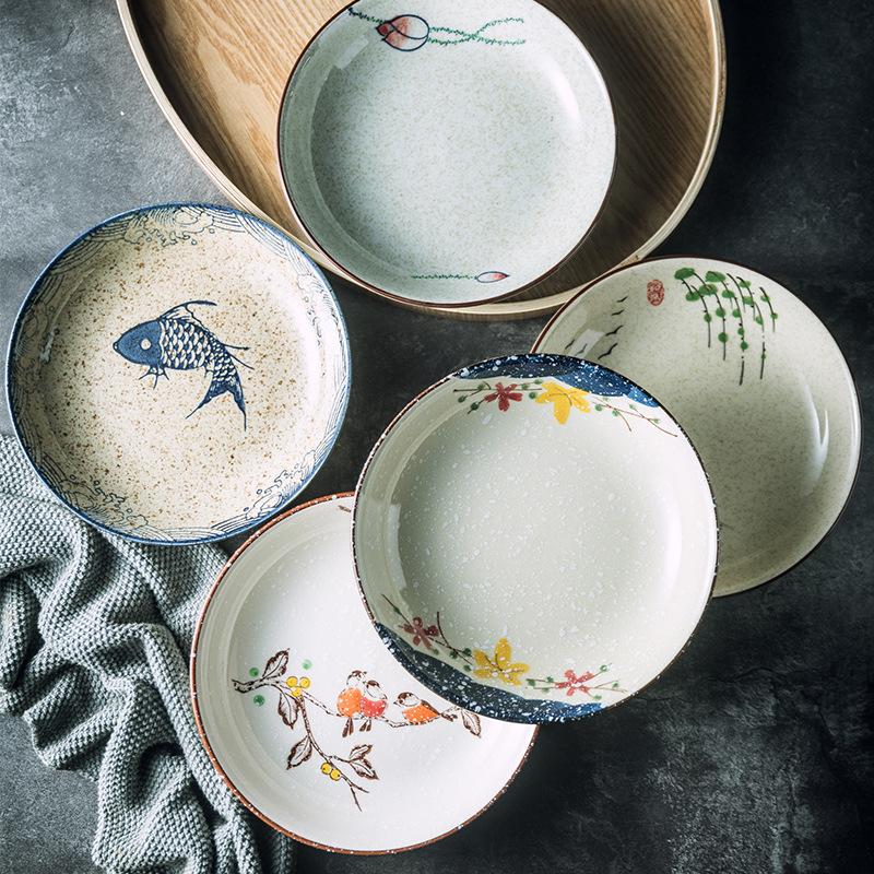 Japanese Style Underglaze Dish Sushi Dishes Cold Dish Dish Ceramic Plate Household Round Fruit Flat Plate