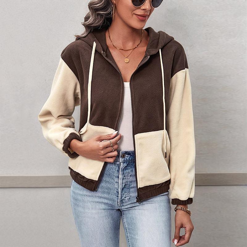 New Autumn and Winter Casual Style Zipper Cardigan Hooded Color-blocked Polar Fleece Jacket