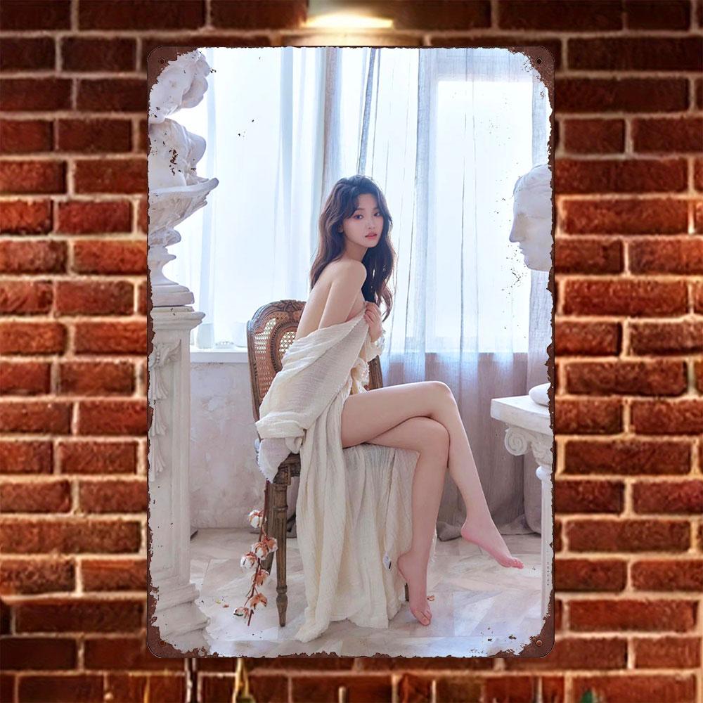 

HD Tin Sign Vintage Elegant Asian Girl in White Robe Sitting on Chair by Window Metal Wall Art Retro Decor for Home Bar Cafe 20x30cm（7.8x11.8inch）