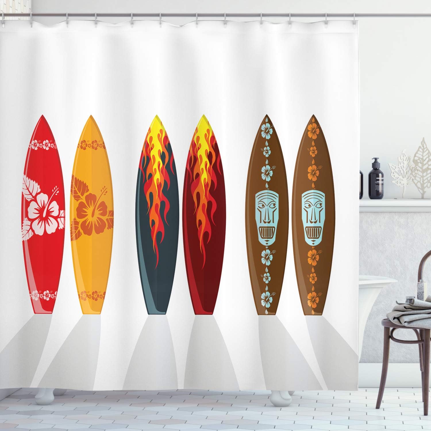 

Surfboard Shower Curtain Tropical Hawaiian Design Floral Tiki Pattern Beach Theme Bath Decor Waterproof Fabric Home Accessories W60H190(CM)-1 Pcs