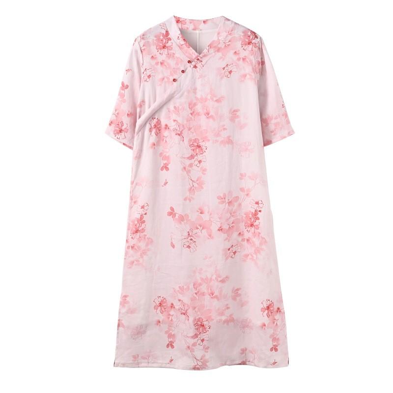 Johnature Women Vintage Print Floral Dress V-Neck Half Sleeve Button Summer Chinese Style A-Line Women Dresses