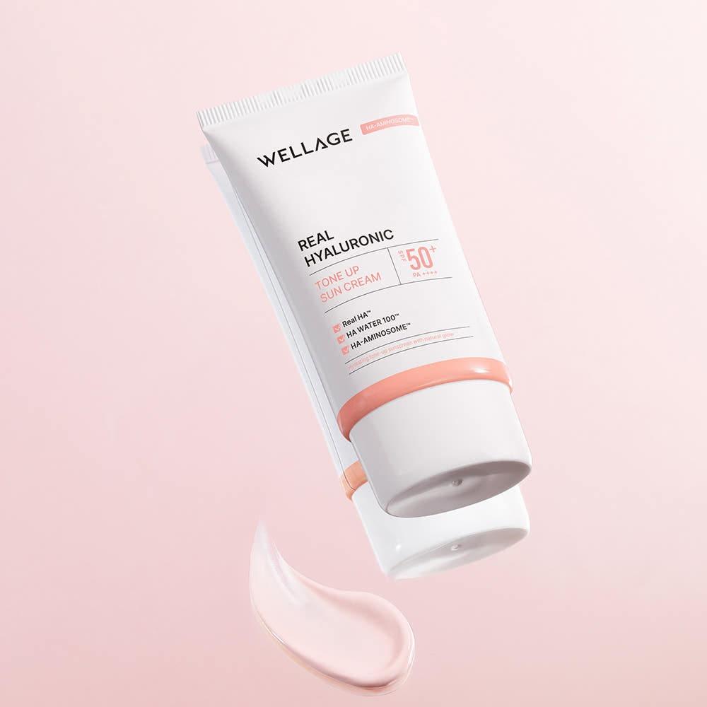 WELLAGE Real Hyaluronic Tone Up Sun Cream Hydrating Glowing 50ml Korean Sunscreen Daily Tone Up Base