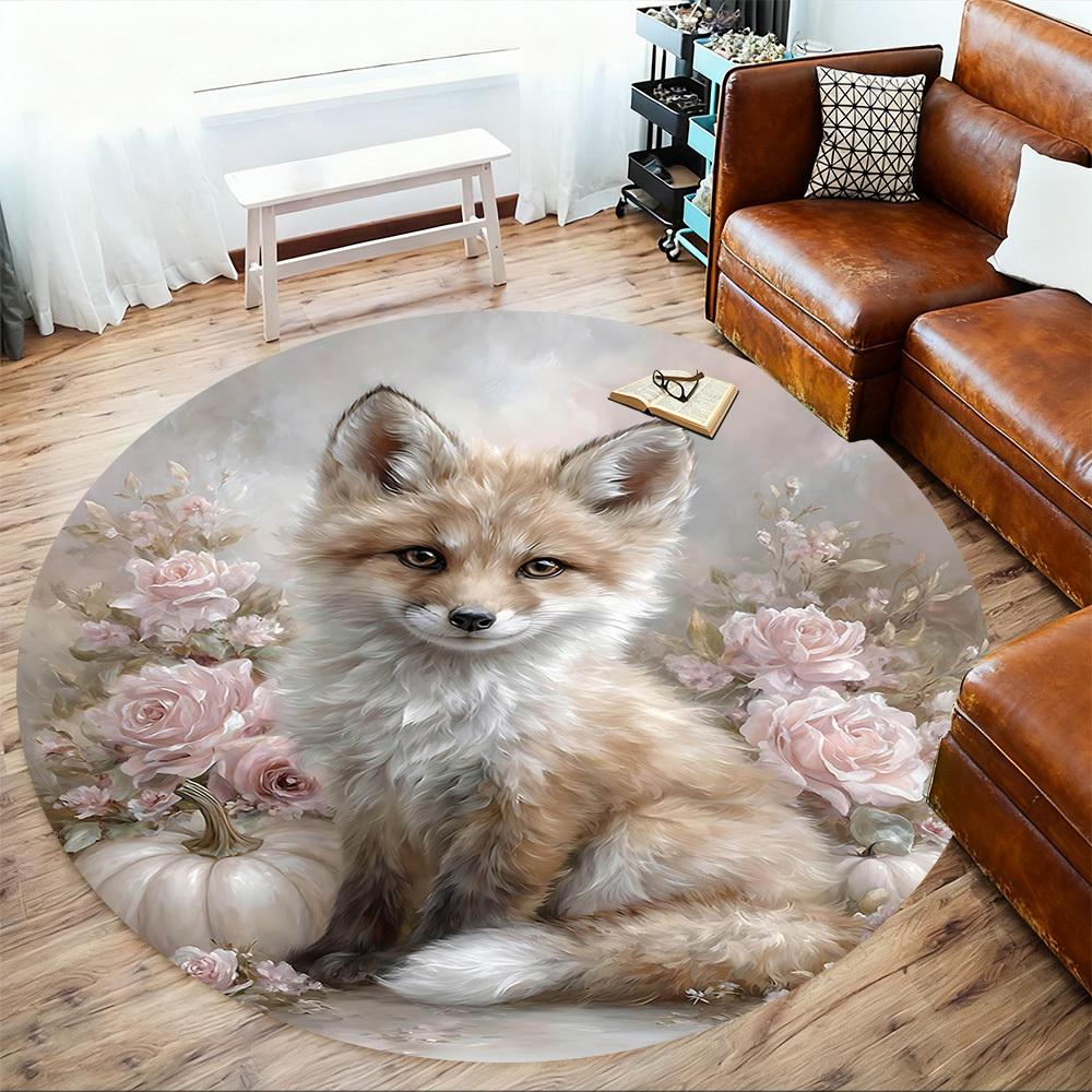 1pc Fox Flowers Round Chair Mat Area Rug - Non-Slip, Floor Mat for Office, Bedroom, and Indoor Decor-1002323