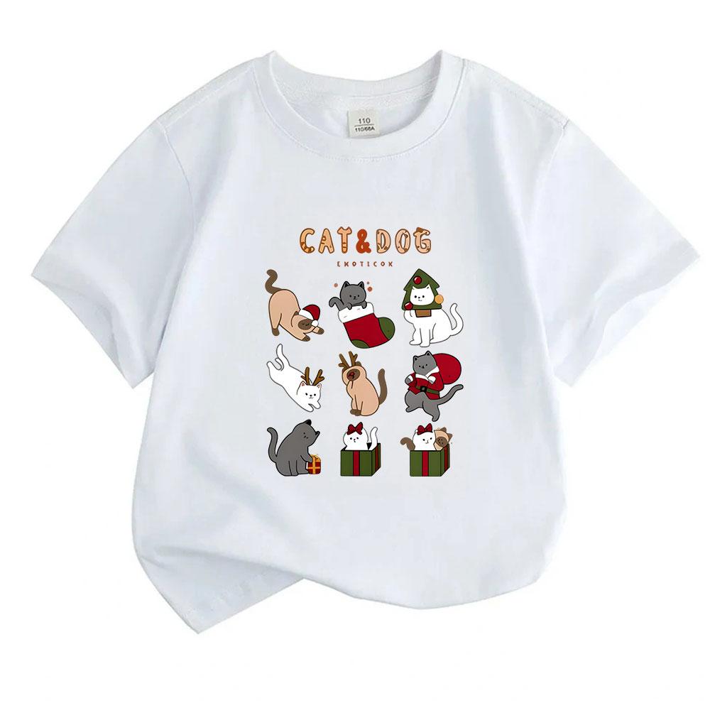 Kids Boys Girls 100% Cotton Crew Neck Short Sleeve T-Shirt, Cute Christmas Cats Collection Print Casual Soft Holiday Cartoon Tee for Children