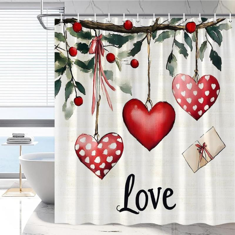 

Valentine S Day Love Shower Curtain Green Leaves Vines Heart Plants Spring Garden Romantic Vintage Bathroom Decor Polyester W60H190(CM)-1 Pcs