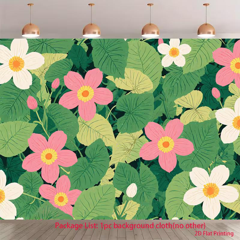 2D Hand Drawn Pink White Big Flower Green Leaf Tropical Floral Backdrop Botanical Wall Tapestry 47.2x31.5inch/120*80cm