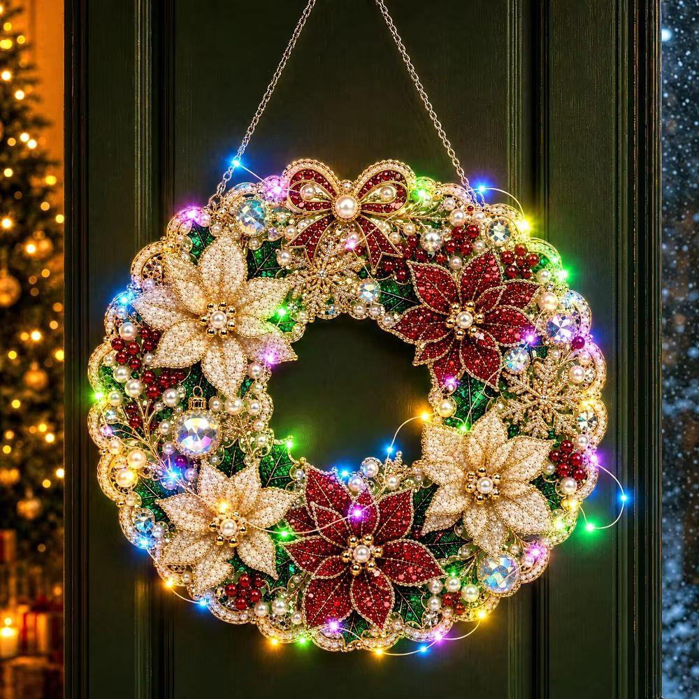 With LED String Light Diamond Art Wreath Diamond Sticking Hanging Wreath LED Wreath Holiday Gift