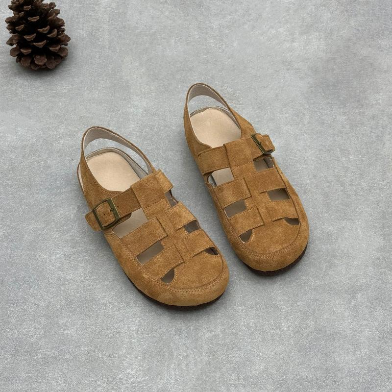 Johnature Sandalias planas de piel genuina tejida de punta redonda, retro de ante de vaca, versátiles, para mujer