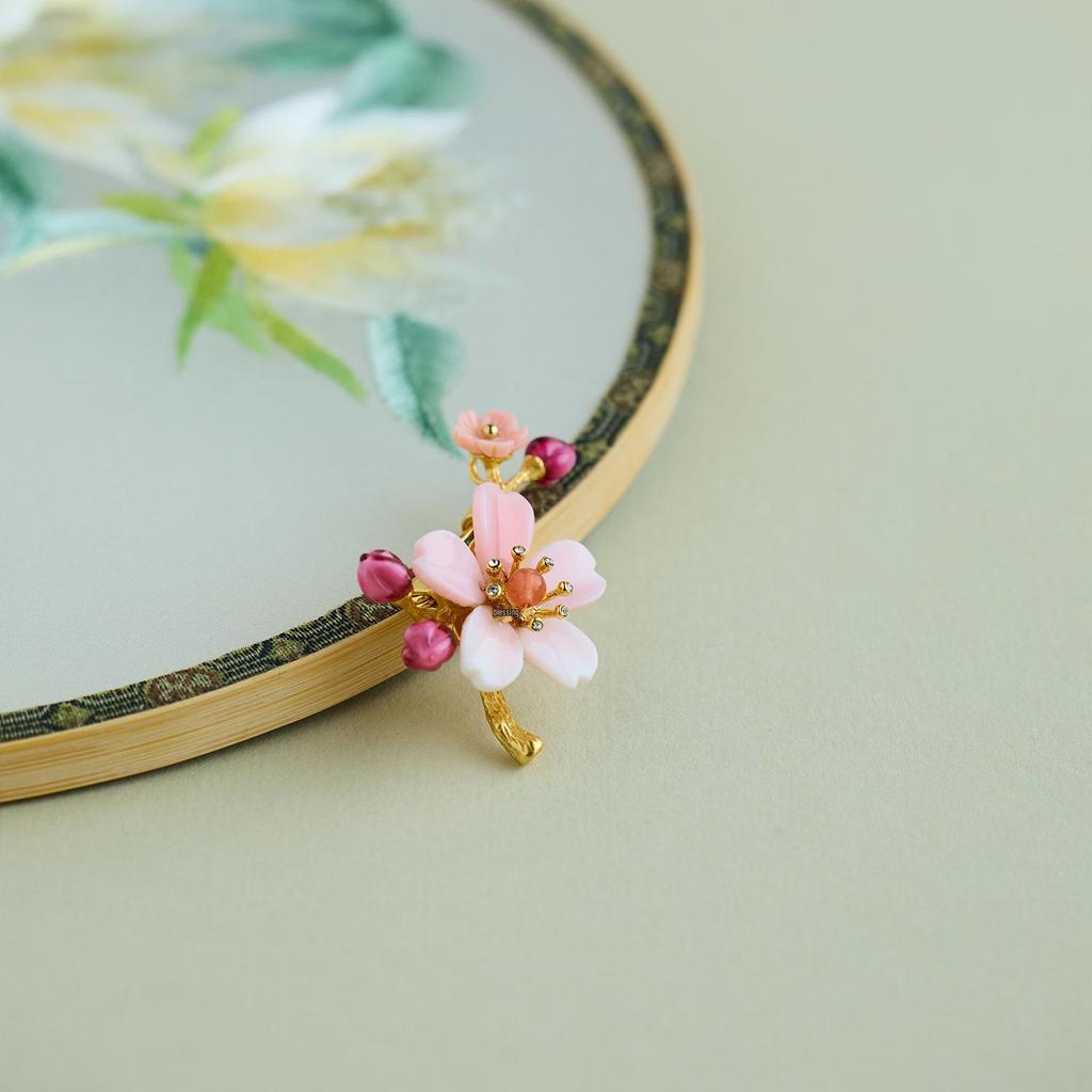Pink Plum Blossom Brooch: Exquisite 925 Silver with Southern Red Mother-of-Pearl, Chinese National Style