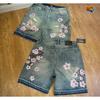 ZYLLO Gothic Mens Womens Cherry Blossom Embroidery Denim Shorts Y2K Jeans Harajuku Hip Hop Retro Baggy Shorts Fashion Casual Pants