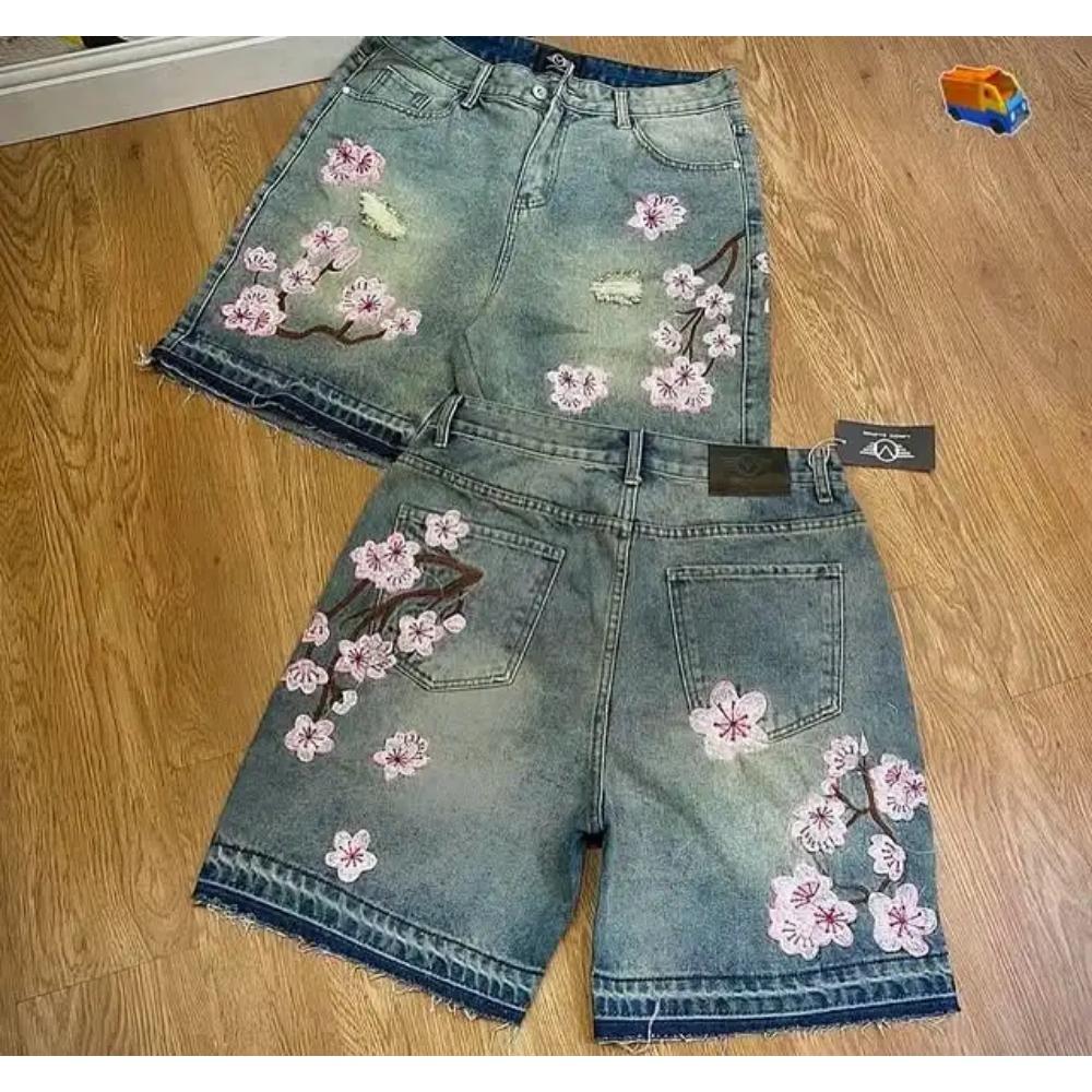 ZYLLO Gothic Mens Womens Cherry Blossom Embroidery Denim Shorts Y2K Jeans Harajuku Hip Hop Retro Baggy Shorts Fashion Casual Pants