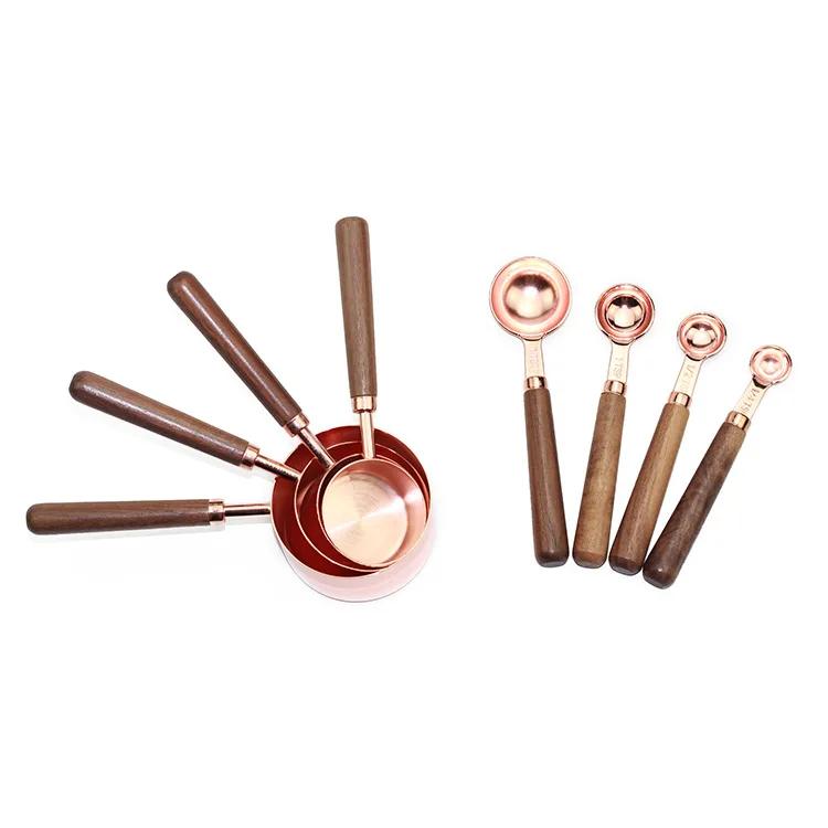 Wooden Handle Stainless Steel Measuring Cup Measuring Spoon Eight Piece Bartending Graduated Measuring Spoon Set Baking Tool