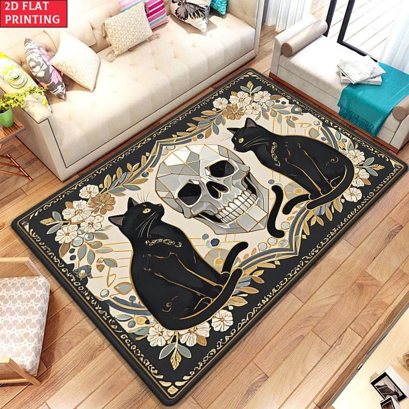 Vintage Black Cat Skull Area Rug, Floral Gothic Print Carpet for Living Room Bedroom,Aesthetic Witchy Floor Mat Home Decor