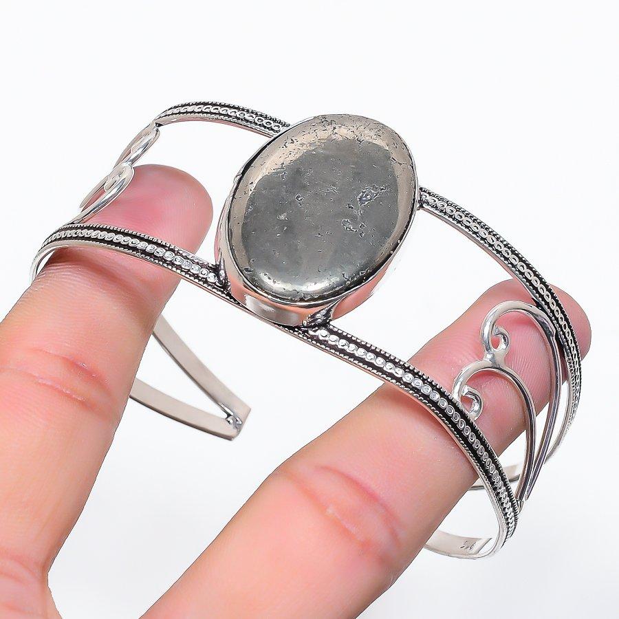 Natural Pyrite Agate Gemstone 925 Sterling Silver Cuff Bangle Adjustable k7K02
