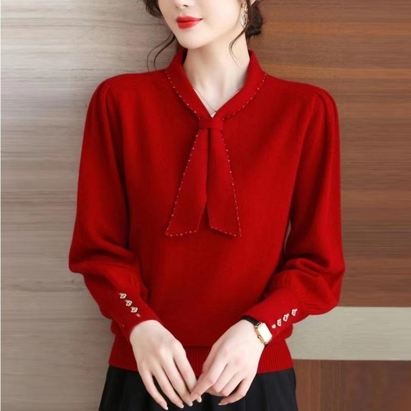 

Вязаный свитер с бантом-стримером, женский, новая осенняя одежда, модный повседневный темпераментный топ с внутренней майкой S красный