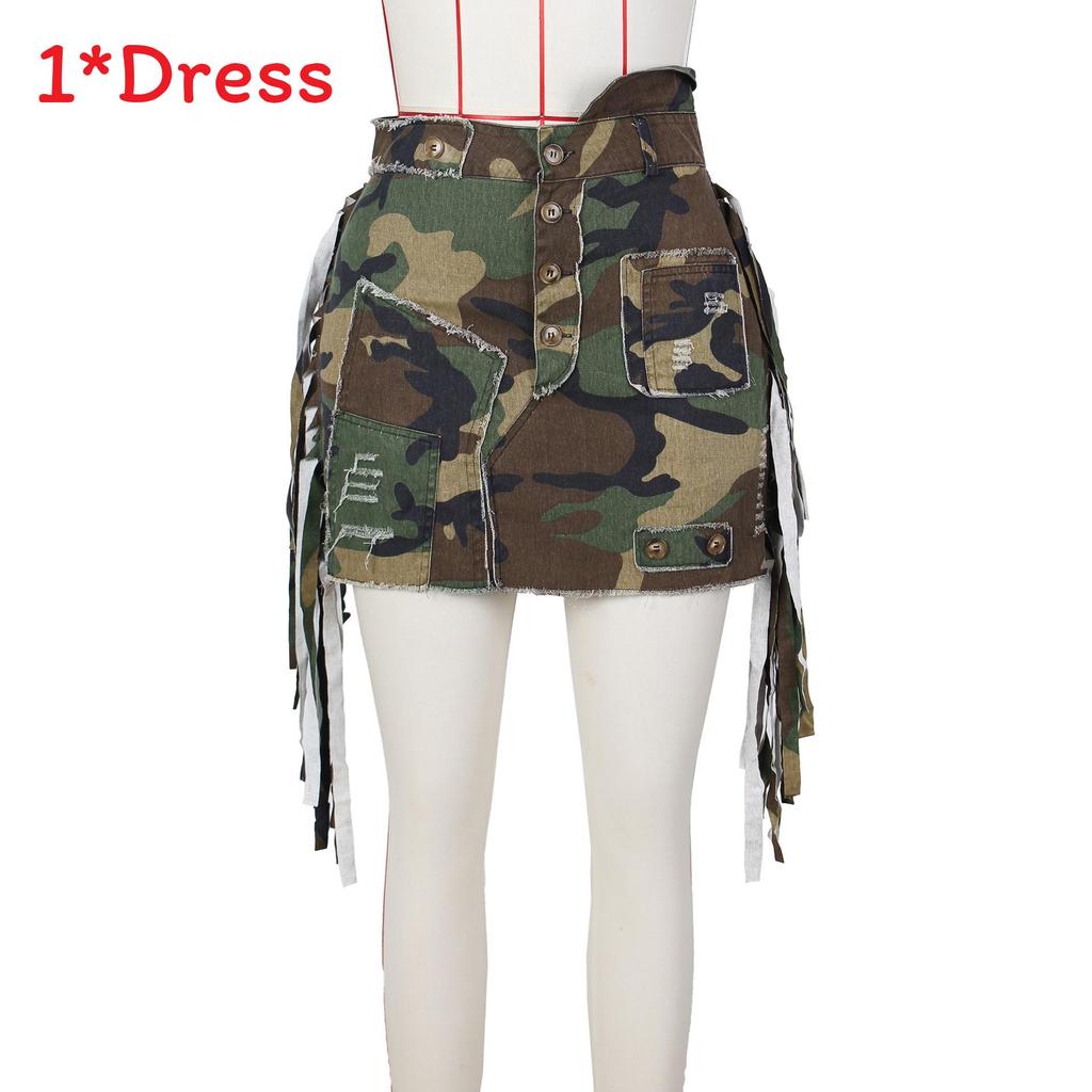 Falda Corta Para Mujer Verano Camuflaje Flecos Tela Vaquera Corte Ajustado Moda
