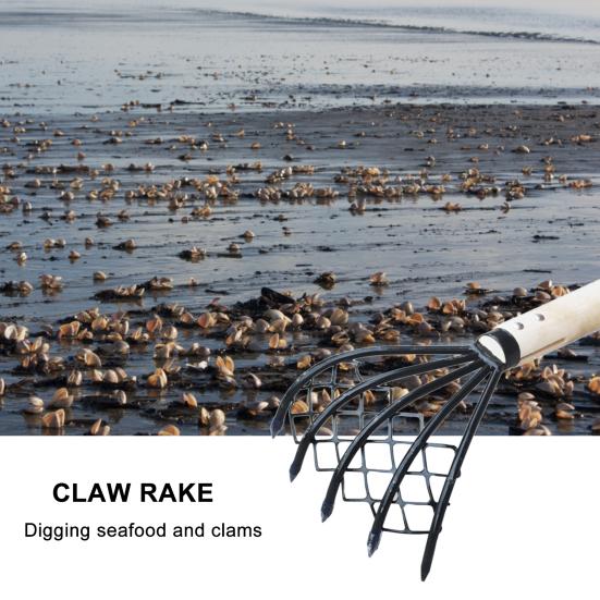 2Pcs/Set Steel Clam Rakes with Wooden Handle Mesh Pocket Seafood Shell Digger Tool Clam Rakes Beach Clamming Accessories