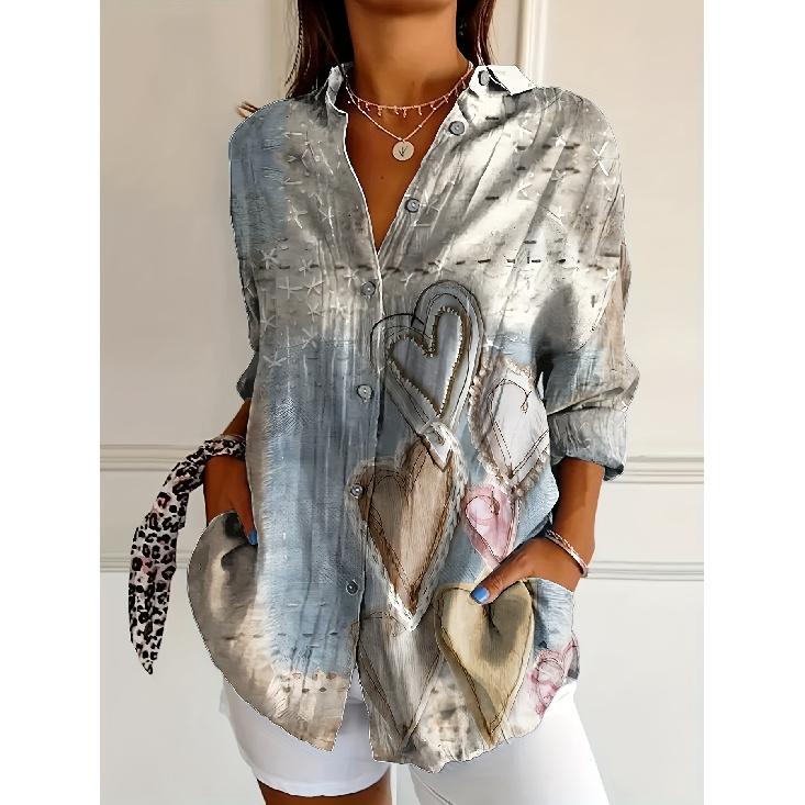 Spring and Autumn 3D Digital Print Women's Fashionable Collared Long Sleeve Casual Shirt