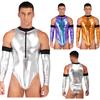 Mens Shiny Patent Leather Catsuit Sleeveless Mock Neck Bodysuit Zipper Front Role Play Costume with Gloves